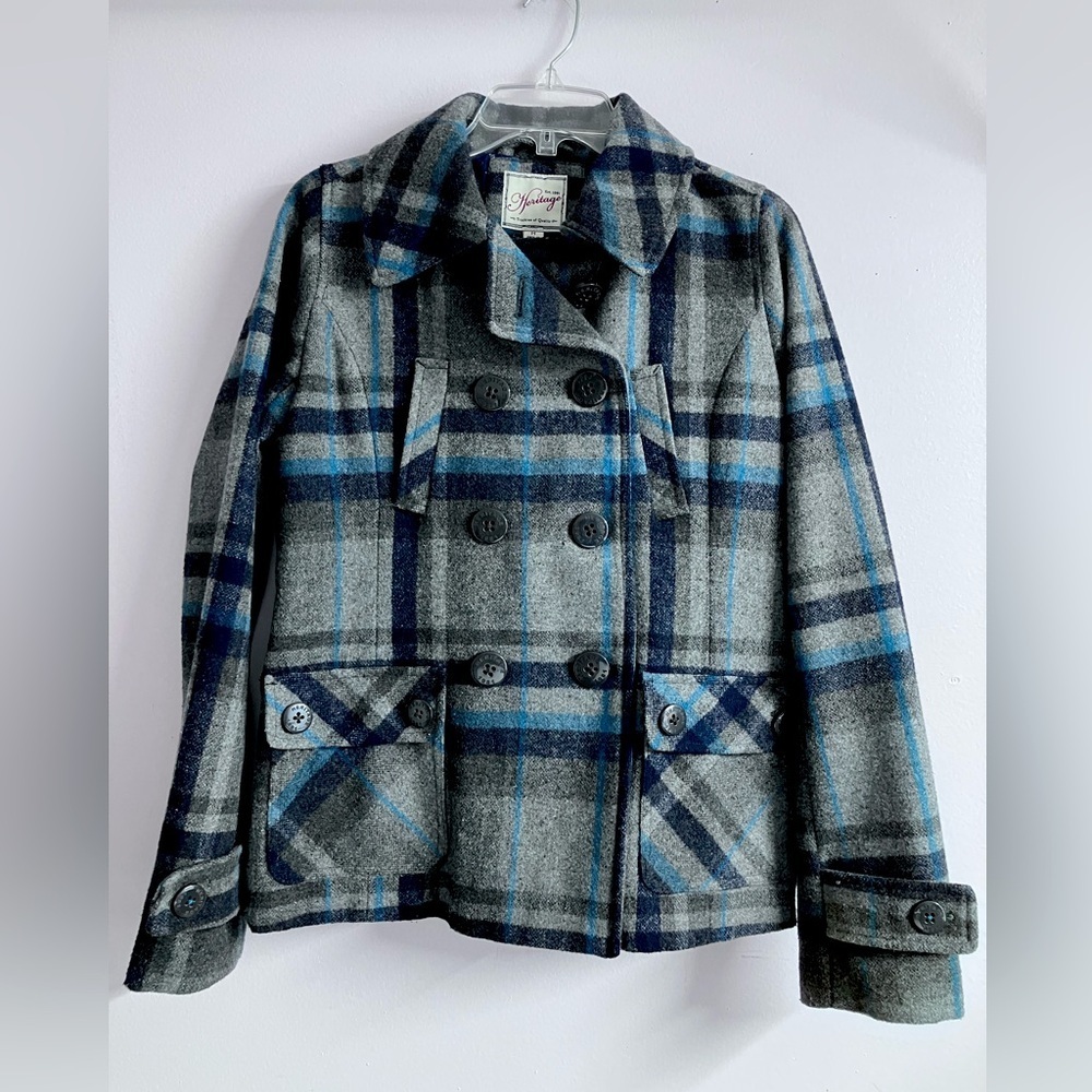 Women’s Wool Blend Hooded Coat, M, Gray/Blue, Plaid, Dbl Breasted, Heritage 1981